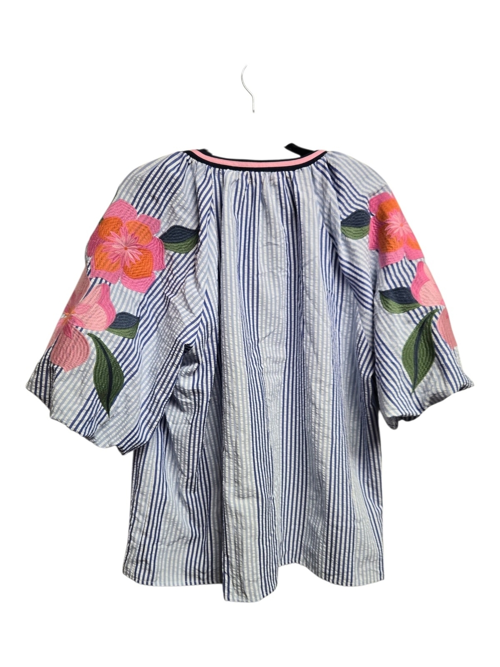 THML Blue & Pink Striped Tie-Front Peasant Blouse - Picture 3 of 5